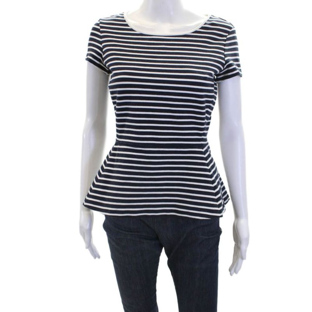 Theory Womens Cotton Striped Crew Neck Short Sleeve Peplum Top Navy Blue Size 4